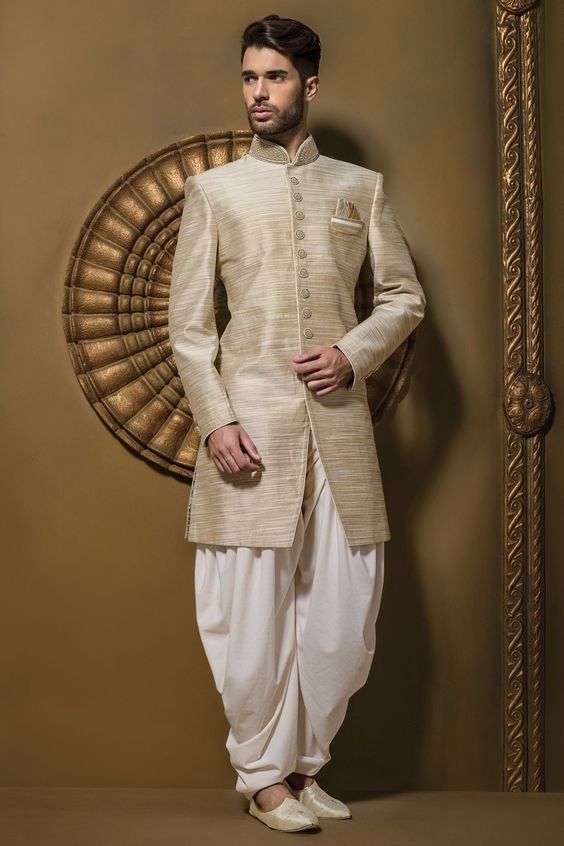Beige Embellished Silk Sherwani With Kurta And Trousers - Nitika Gujral -  Men- Fabilicious Fashion